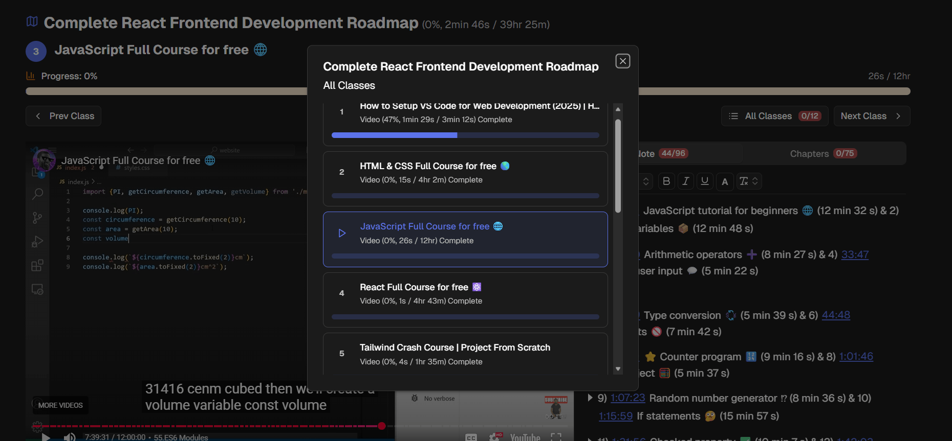 View of all classes in learning path