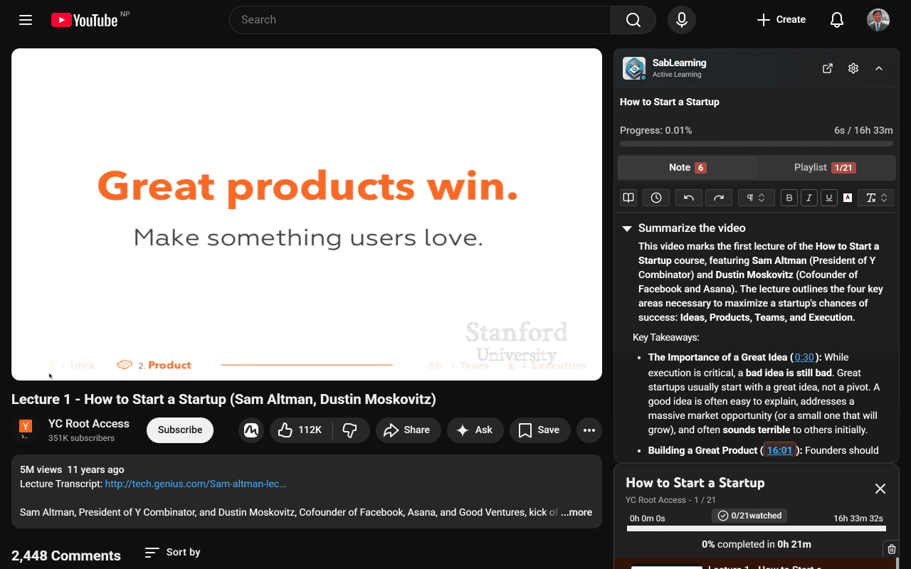 SabLearning Extension Sidebar UI