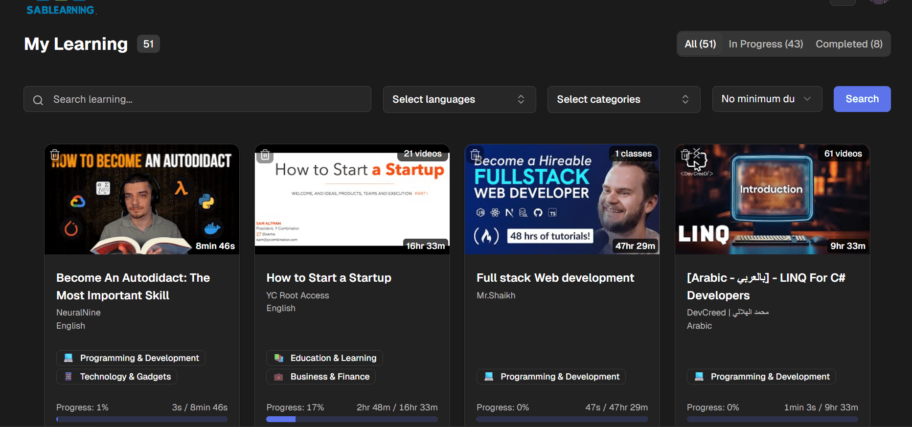 SabLearning - YouTube Courses, Learning Paths & Notes