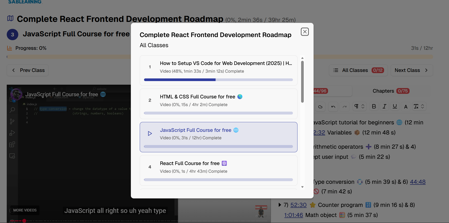 View of all classes in learning path